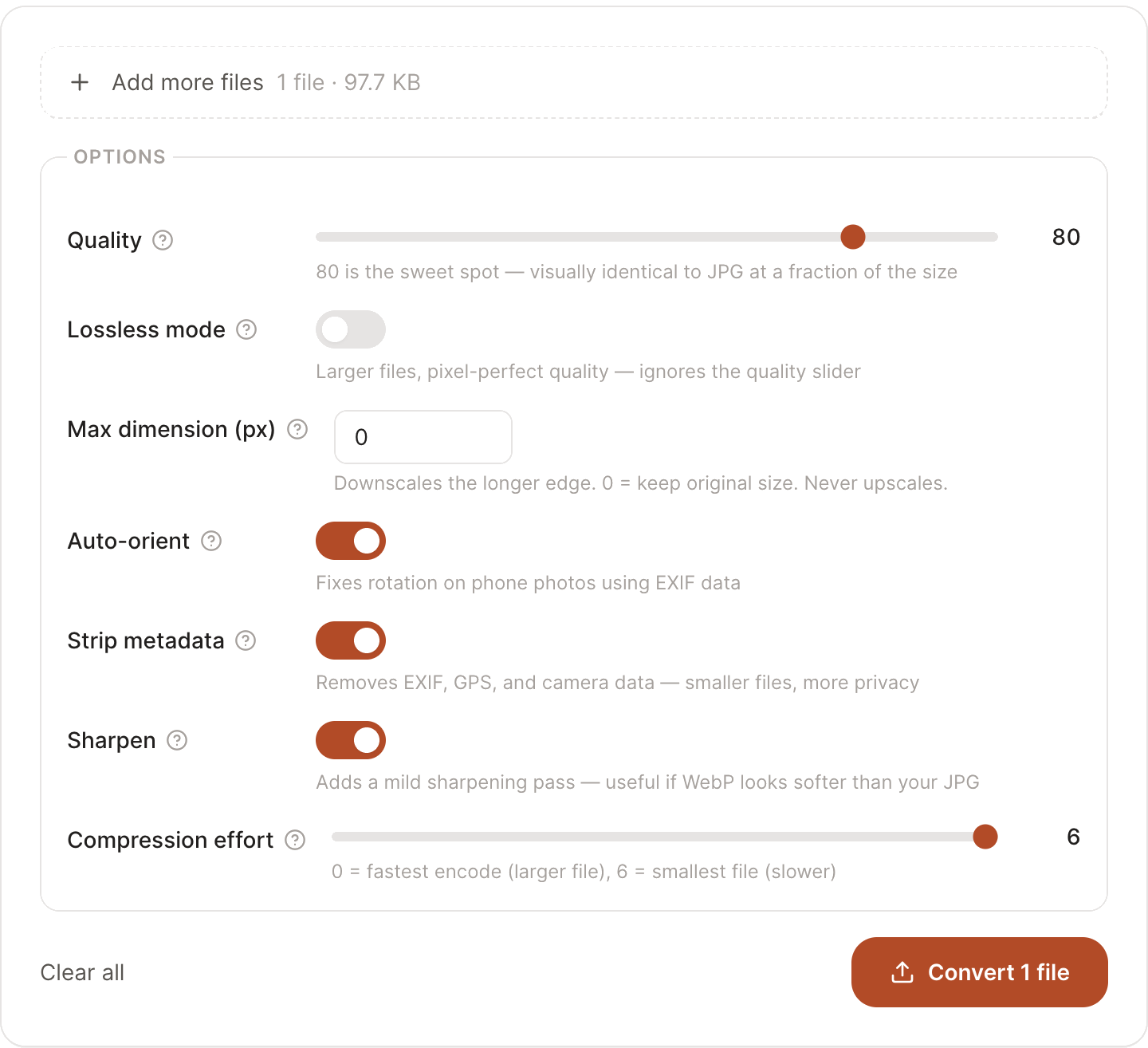 JPG to WebP conversion settings used for this test